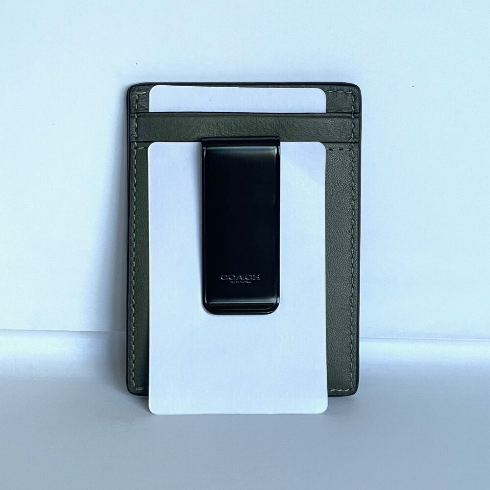 Coach Money Clip Card Case Mens Army Green Leather C6702 Wallet Compact - Picture 6 of 9